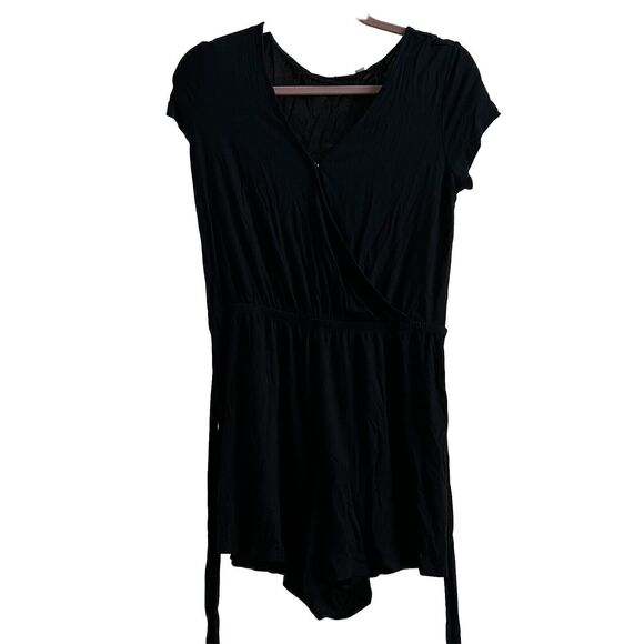 Black Solid Romper Size Small Short Sleeve Tie Sash Soft Stretchy - Picture 1 of 3
